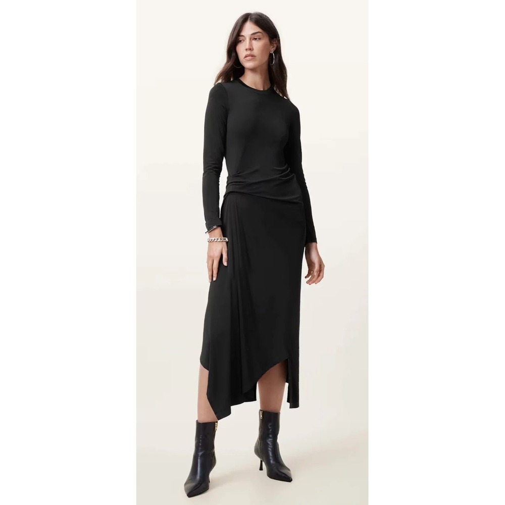 NEW, ALLSAINTS RIVI DRAPED LONG SLEEVE MIDI DRESS IN BLACK SIZE 8 US